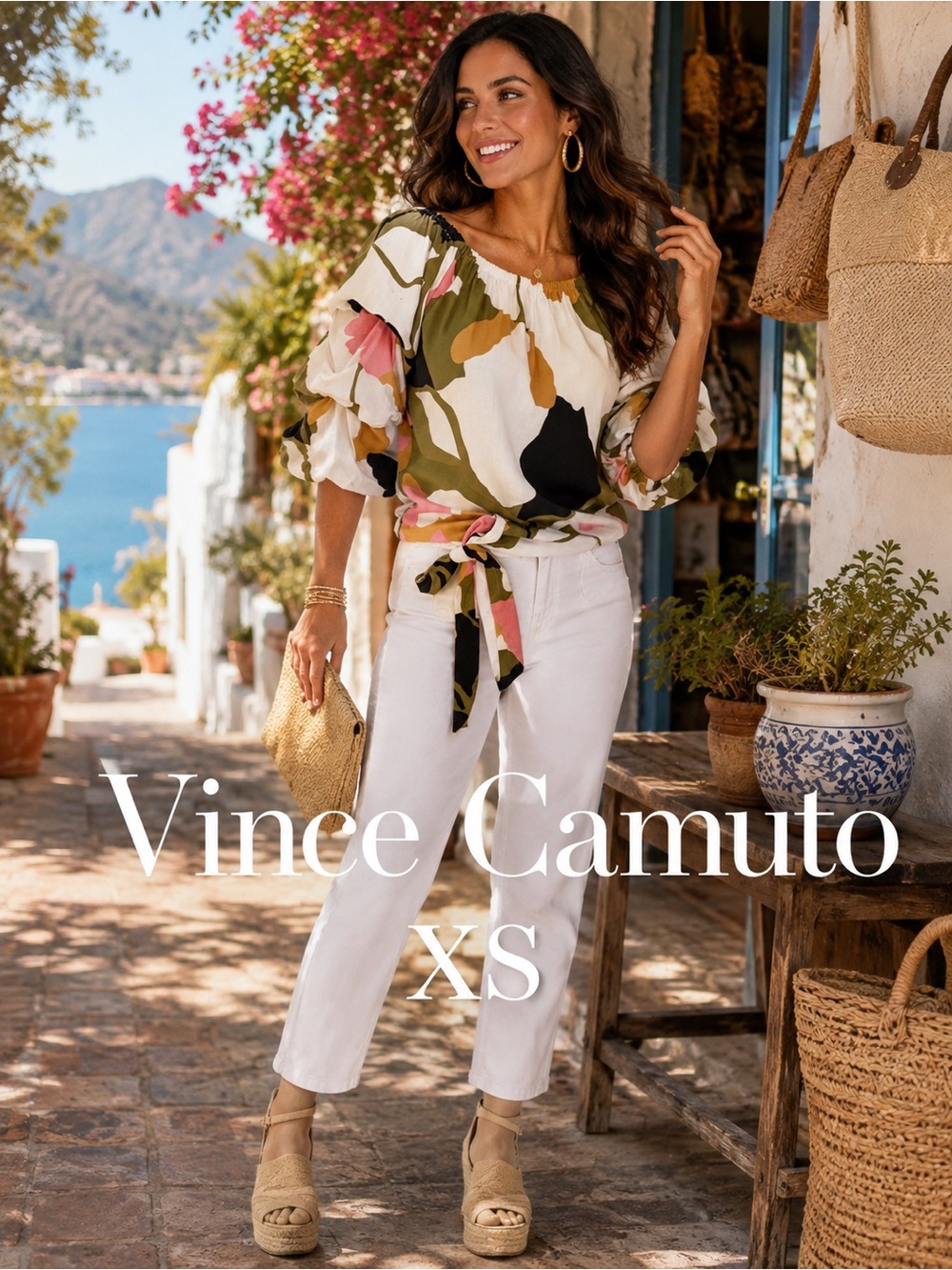 Vince Camuto XS Off Shoulder Linen Blend Floral Tie Front Balloon Sleeve Top